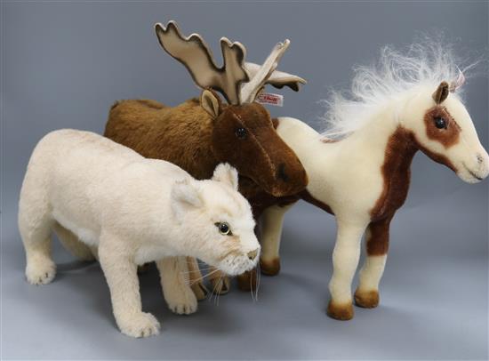 Three Steiff toys: Painted Horse, Moose and Cougar, Last Frontier, white tag, all with bags